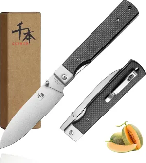 SENBON 440 Stainless Steel Sharp Pocket Folding Chef Knife Peeling Utility Knife Fruit Knife Carbon Fiber Handle Camping Barbecue Outdoor Fruit Knife with Back Clip
