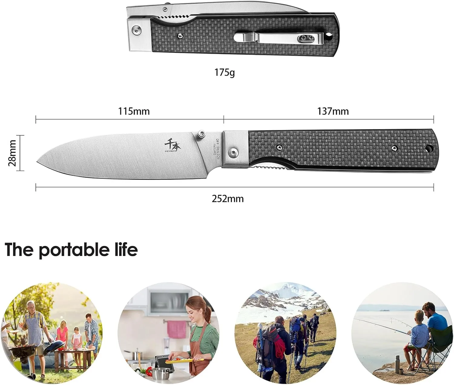 SENBON 440 Stainless Steel Sharp Pocket Folding Chef Knife Peeling Utility Knife Fruit Knife Carbon Fiber Handle Camping Barbecue Outdoor Fruit Knife with Back Clip