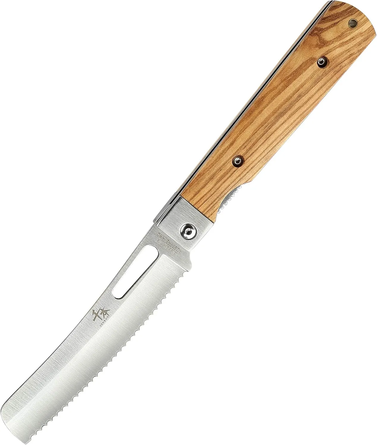 SENBON 440A stainless steel pocket folding Japanese Bread knife Natural Olive Handle Camping trip Outdoor Portable Serrated knife