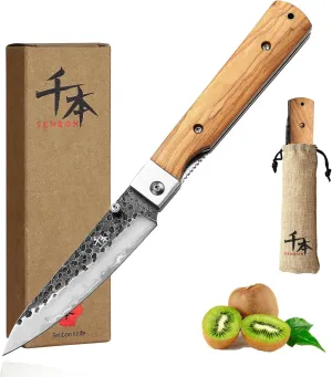 SENBON Forged 440 Stainless Steel sharp pocket folding Japanese peeling utility knife Natural Olive Handle Camping trip Outdoor Portable fruit knife