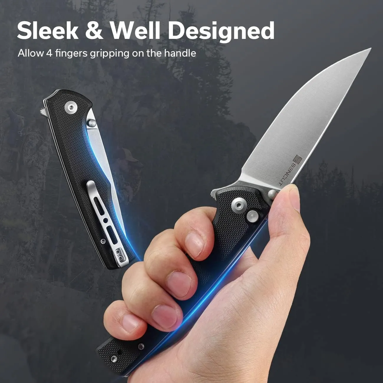 SENCUT Crowley Pocket Knife Button Lock Folding Knife for EDC, Black G10 Handle Satin D2 Blade Foldable Small Knife with Clip, Everyday Carry Knife for Men Women Indoor Outdoor Gift S21012-4