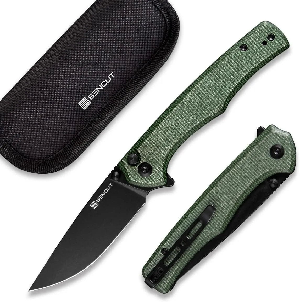 SENCUT Crowley Pocket Knife Button Lock Folding Knife for EDC, Green Micarta Handle D2 Blade Foldable Knife with Clip, Everyday Carry Knife for Men Women Indoor Outdoor Gift S21012-3