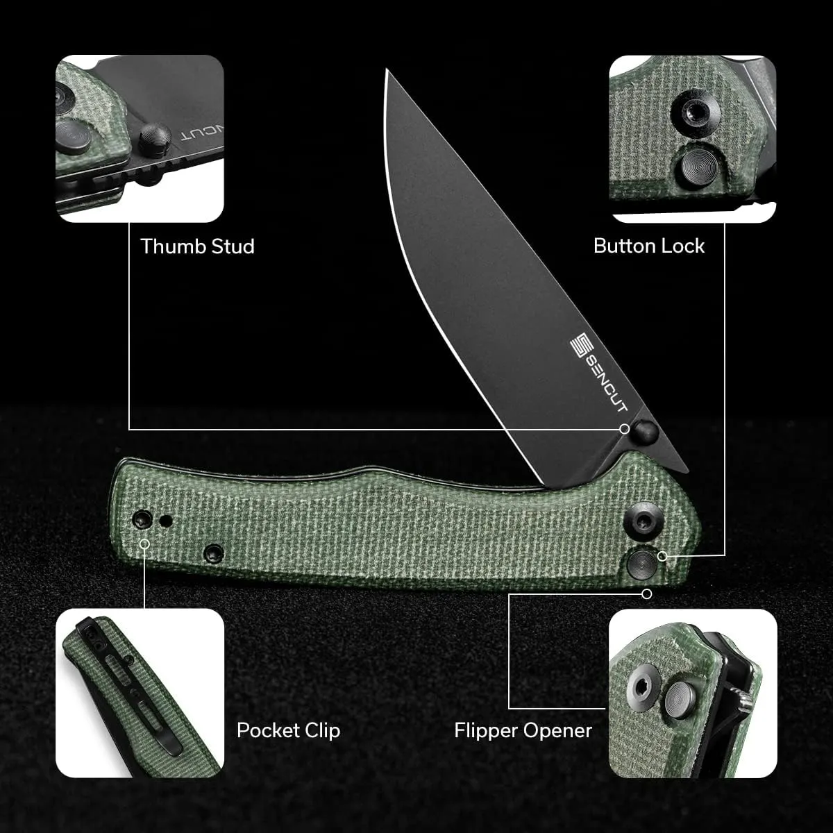 SENCUT Crowley Pocket Knife Button Lock Folding Knife for EDC, Green Micarta Handle D2 Blade Foldable Knife with Clip, Everyday Carry Knife for Men Women Indoor Outdoor Gift S21012-3