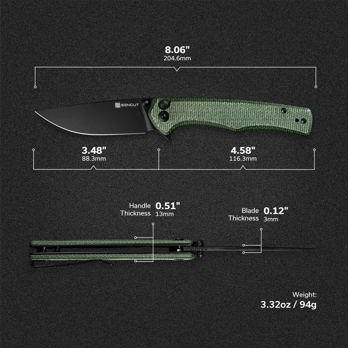 SENCUT Crowley Pocket Knife Button Lock Folding Knife for EDC, Green Micarta Handle D2 Blade Foldable Knife with Clip, Everyday Carry Knife for Men Women Indoor Outdoor Gift S21012-3