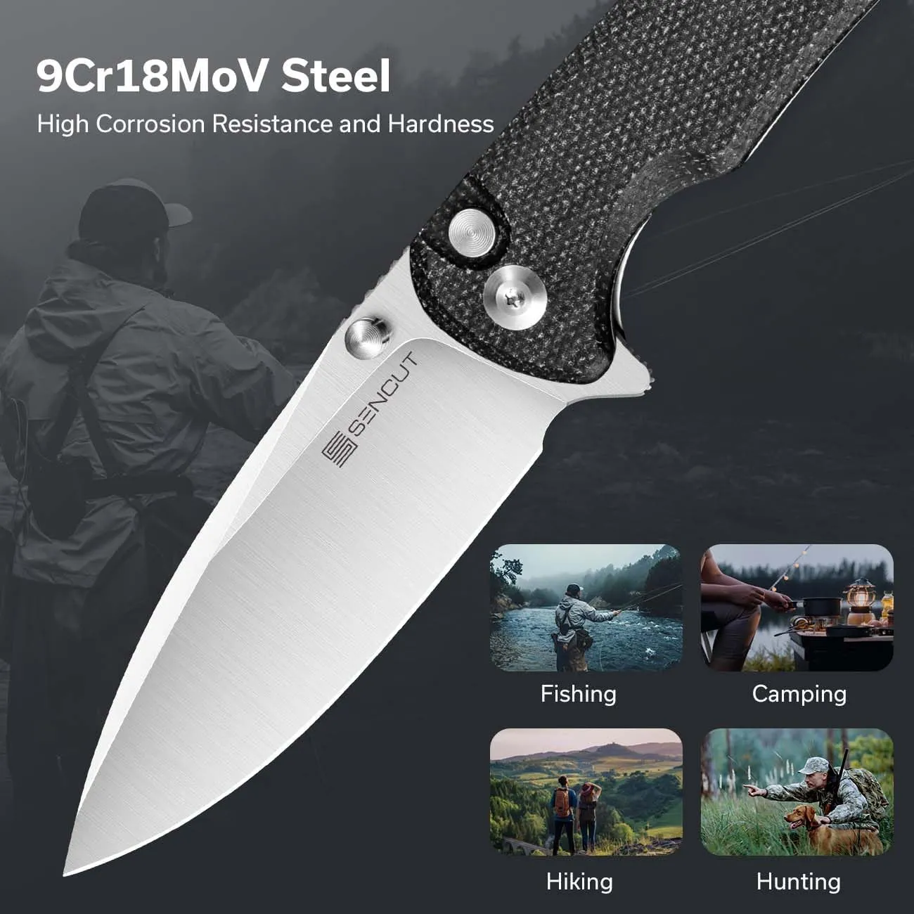 SENCUT Sachse Pocket Knife Folding Knife for EDC, Black Micarta Handle Satin 9Cr18MoV Blade Foldable Small Knife with Clip, Button Lock Everyday Carry Knife for Men Women Indoor Outdoor Gift S21007-1