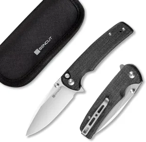 SENCUT Sachse Pocket Knife Folding Knife for EDC, Black Micarta Handle Satin 9Cr18MoV Blade Foldable Small Knife with Clip, Button Lock Everyday Carry Knife for Men Women Indoor Outdoor Gift S21007-1