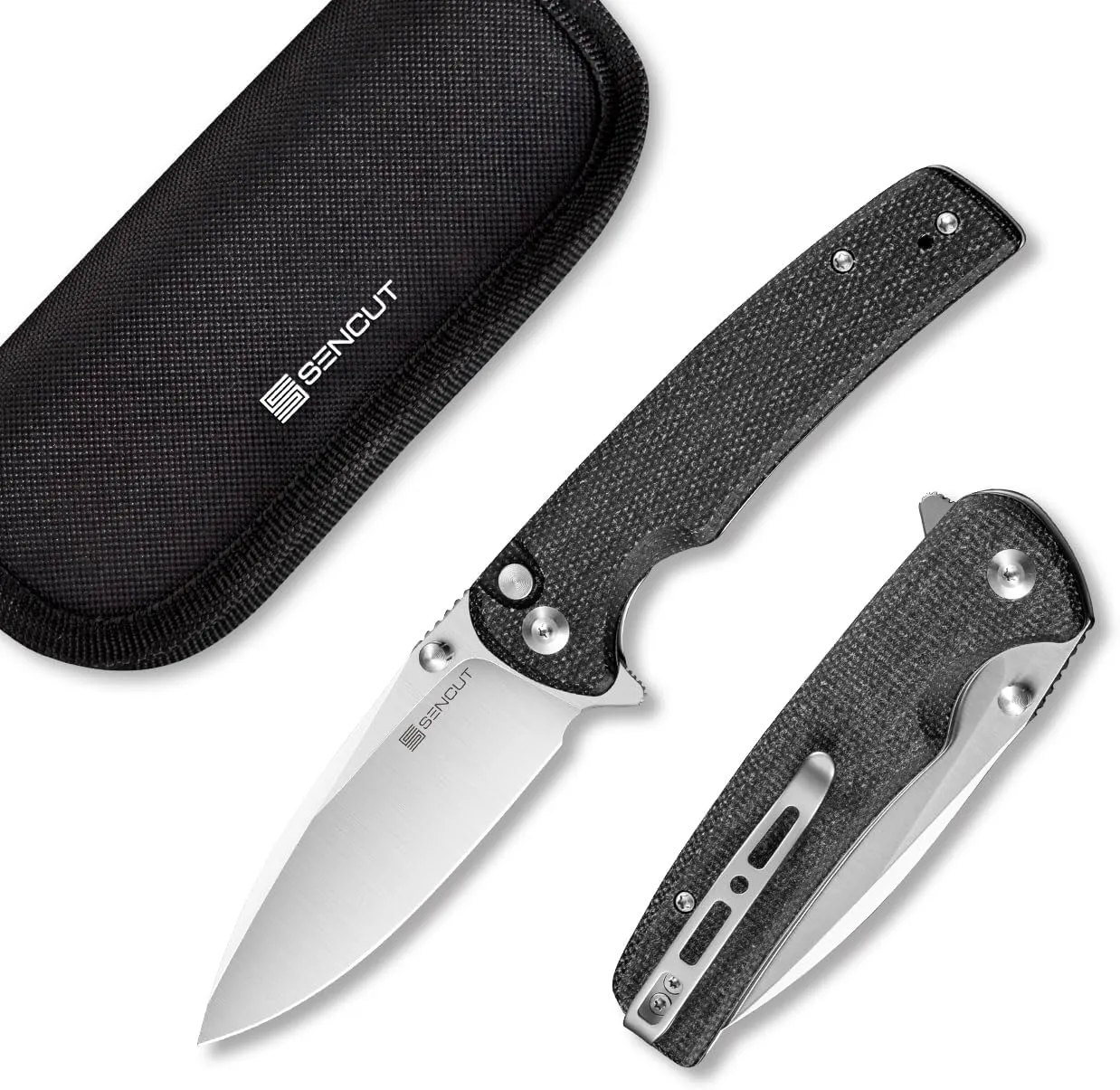 SENCUT Sachse Pocket Knife Folding Knife for EDC, Black Micarta Handle Satin 9Cr18MoV Blade Foldable Small Knife with Clip, Button Lock Everyday Carry Knife for Men Women Indoor Outdoor Gift S21007-1