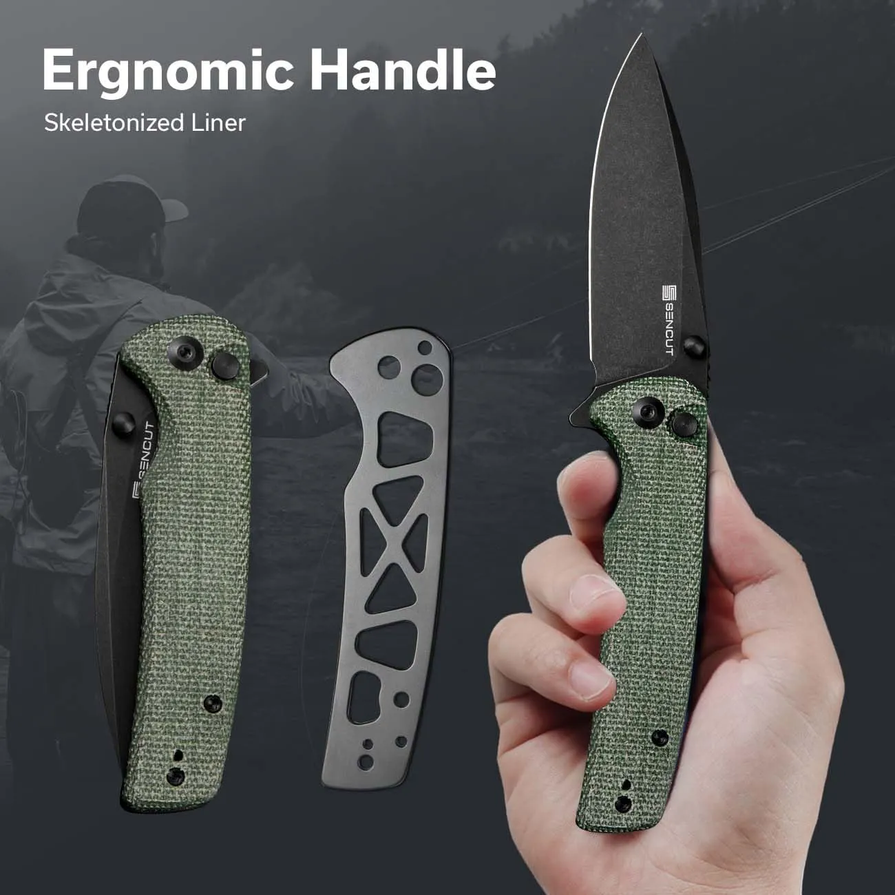 SENCUT Sachse Pocket Knife Folding Knife for EDC, Green Micarta Handle 9Cr18MoV Blade Foldable Knife with Clip, Button Lock Everyday Carry Knife for Men Women Indoor Outdoor Gift S21007-2