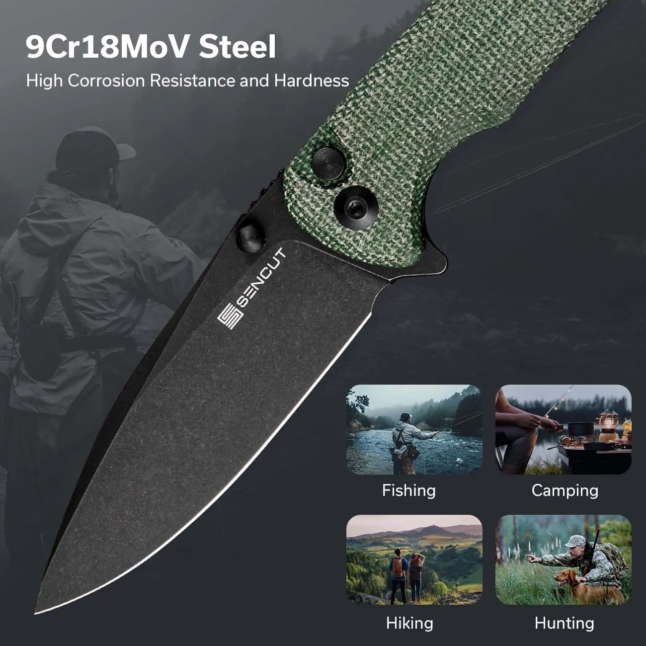 SENCUT Sachse Pocket Knife Folding Knife for EDC, Green Micarta Handle 9Cr18MoV Blade Foldable Knife with Clip, Button Lock Everyday Carry Knife for Men Women Indoor Outdoor Gift S21007-2