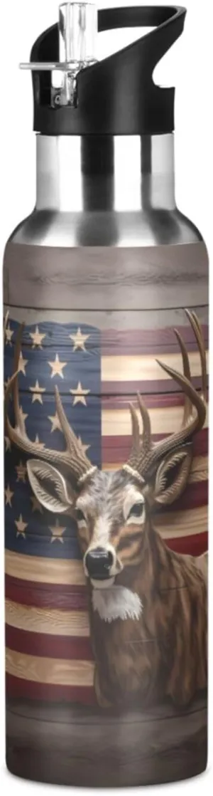 senya 20 Oz Water Bottle with Straw American Flag Deer Stainless Steel Water Bottle for Traveling Sports Leakproof Insulated