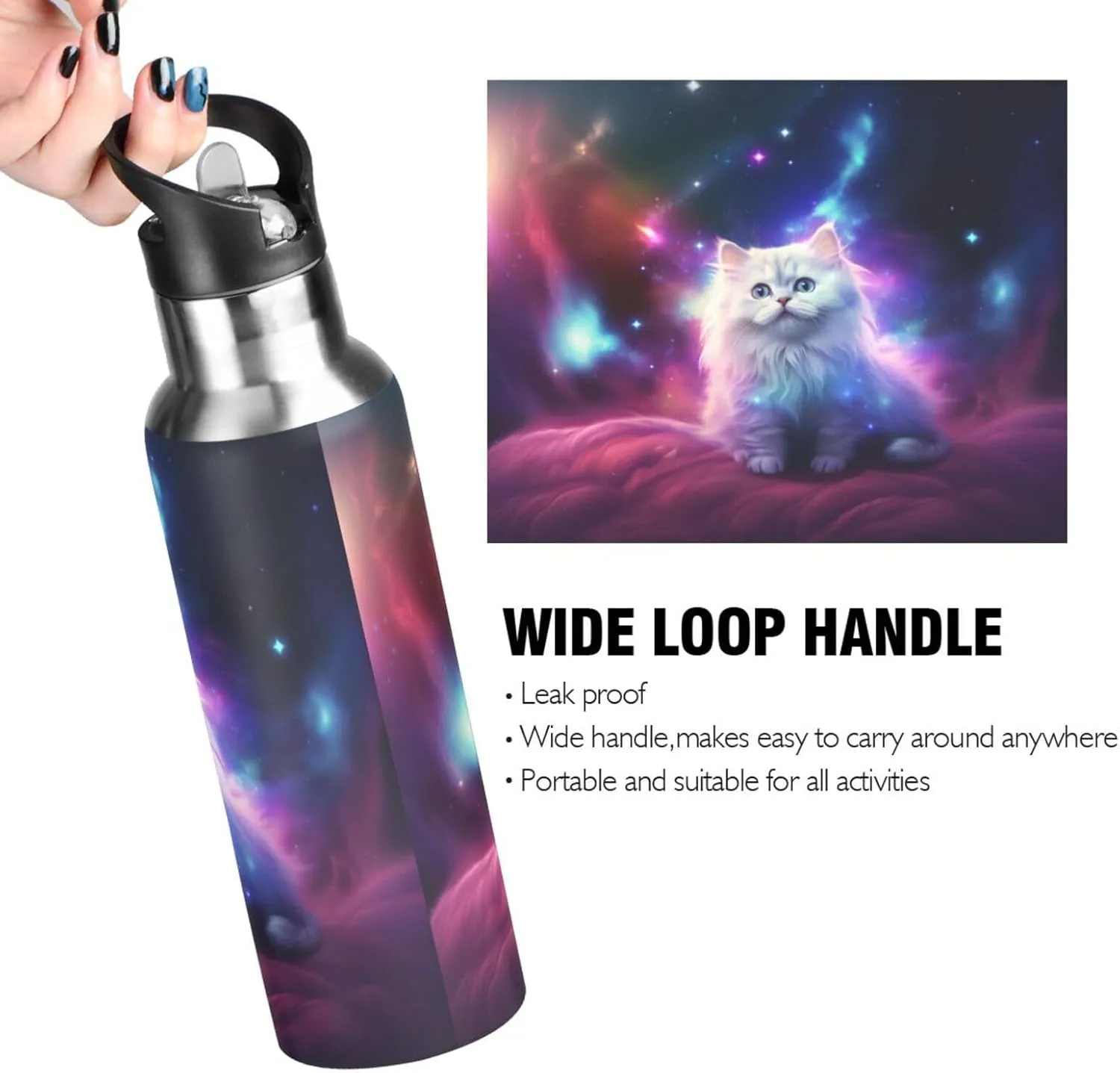 senya 20 Oz Water Bottle with Straw White Cat in The Galaxy Stainless Steel Water Bottle for Traveling Sports Leakproof Insulated