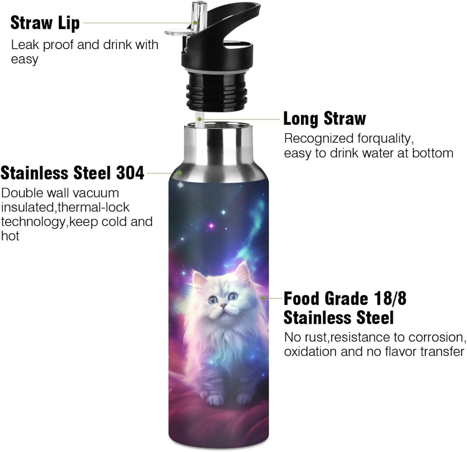 senya 20 Oz Water Bottle with Straw White Cat in The Galaxy Stainless Steel Water Bottle for Traveling Sports Leakproof Insulated