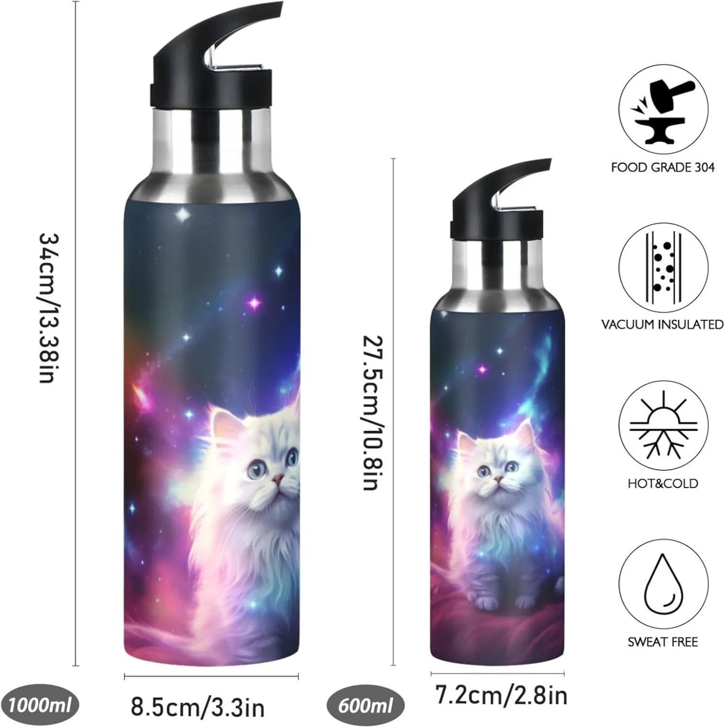 senya 20 Oz Water Bottle with Straw White Cat in The Galaxy Stainless Steel Water Bottle for Traveling Sports Leakproof Insulated