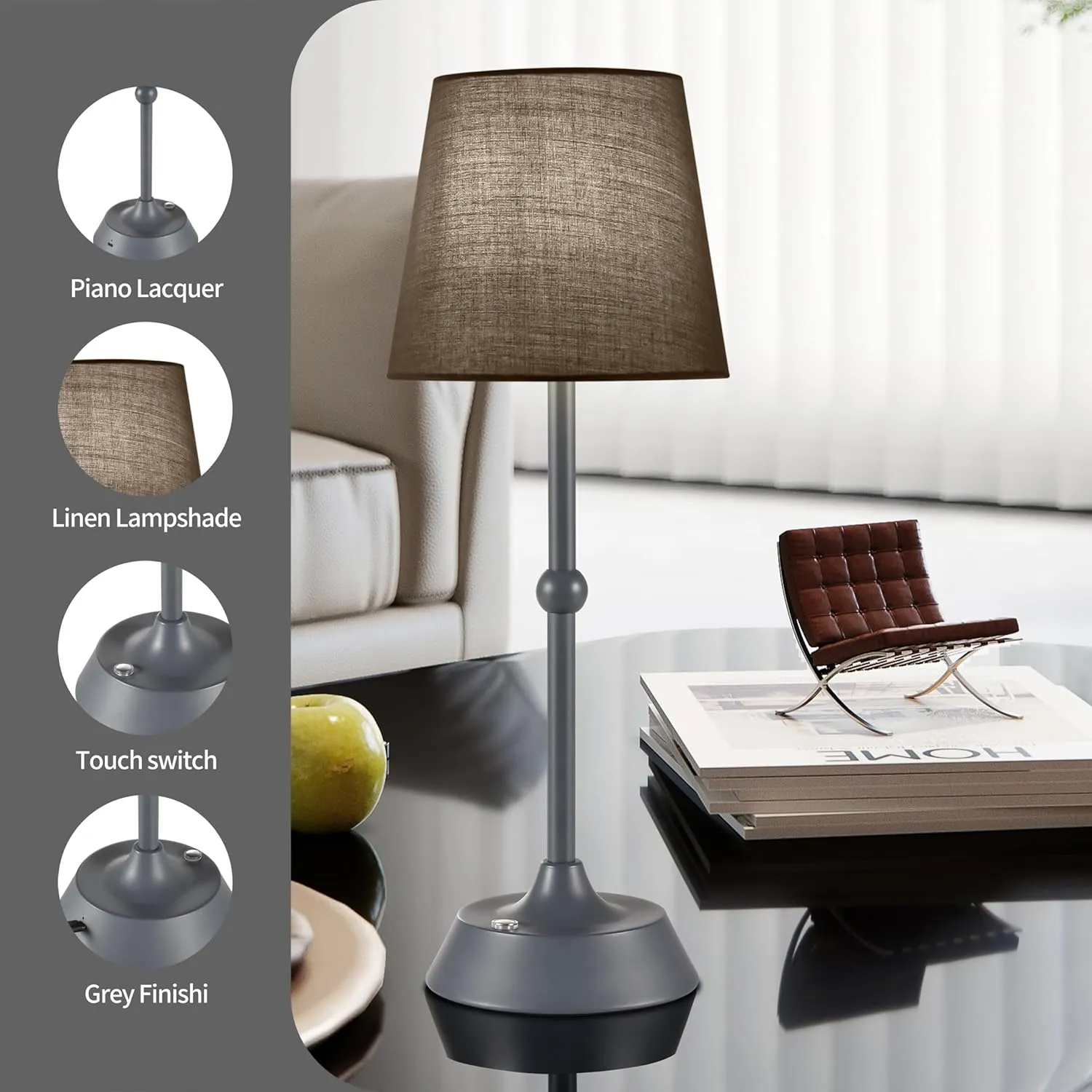 Set of 2 LED Cordless Table Lamp,Rechargeable 6000mA Battery Operated Portable Grey Desk Lamp,Dimmable Touch Control Table Lamp, for Restaurant/Patio/Outdoor.(LED Bulb Included)