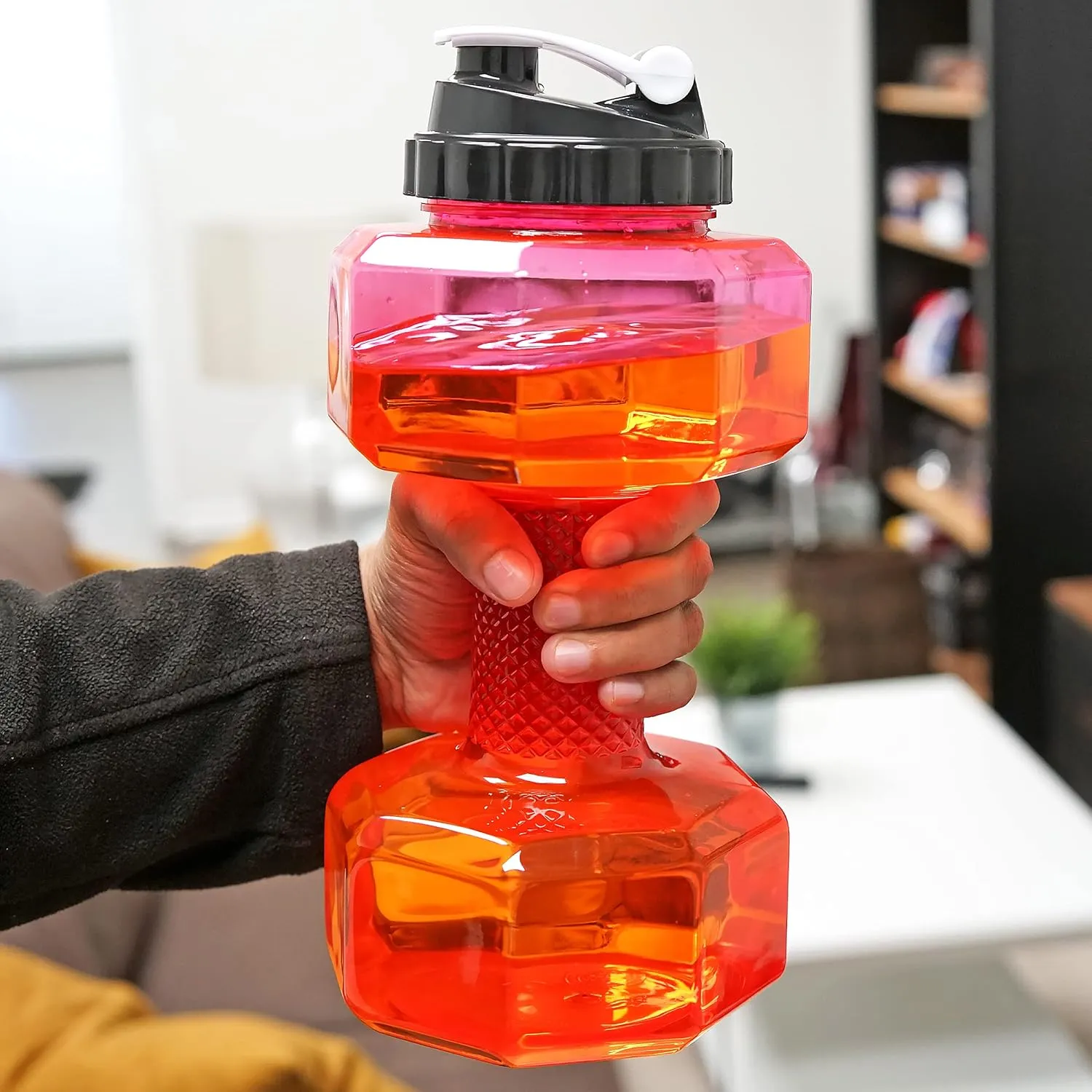SH Dumbbell Water Bottle 2.2L – Pink See-Through Fitness & Gym Sports Bottle for Workout Hydration, Portable Design