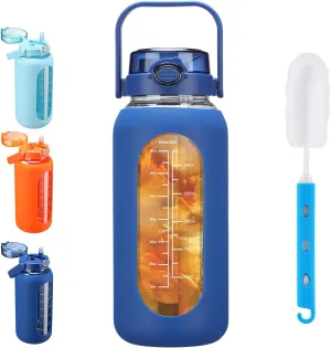 SIEROZUR 64oz Glass Water Bottle with Straw and Handle Lid Half Gallon Motivational Glass Bottle with Silicone Sleeve and Time Marker Large Reusable Sports Water Jug for Gym Home Workout