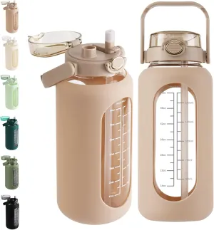 SIEROZUR 64oz Glass Water Bottle with Straw and Handle Lid Half Gallon Motivational Glass Bottle with Silicone Sleeve and Time Marker Large Reusable Sports Water Jug for Gym Home Workout