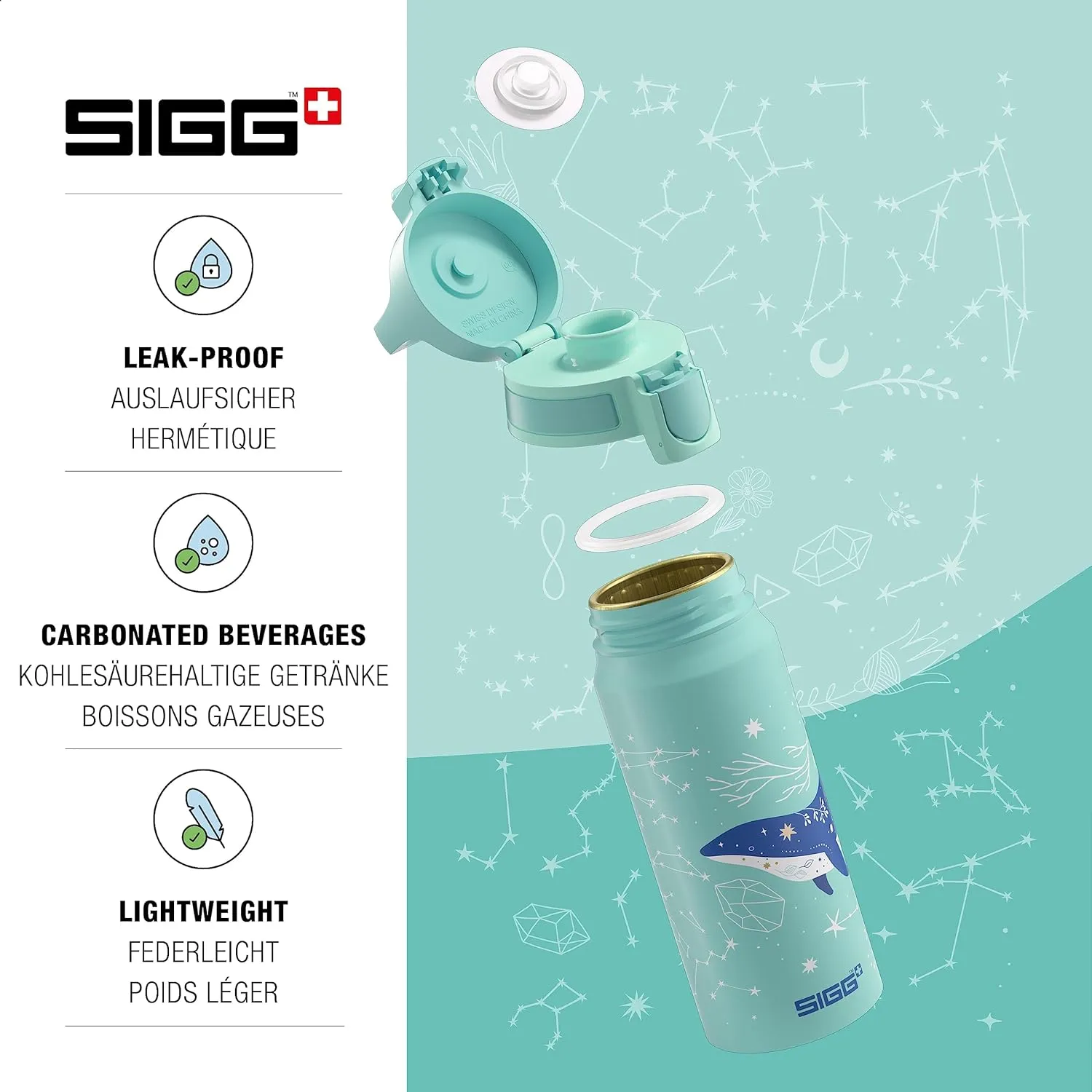 SIGG - Aluminium Kids Water Bottle - WMB ONE Dive - Suitable For Carbonated Beverages - Leakproof - Lightweight - BPA Free - Climate Neutral Certified - Light Blue - 20 Oz