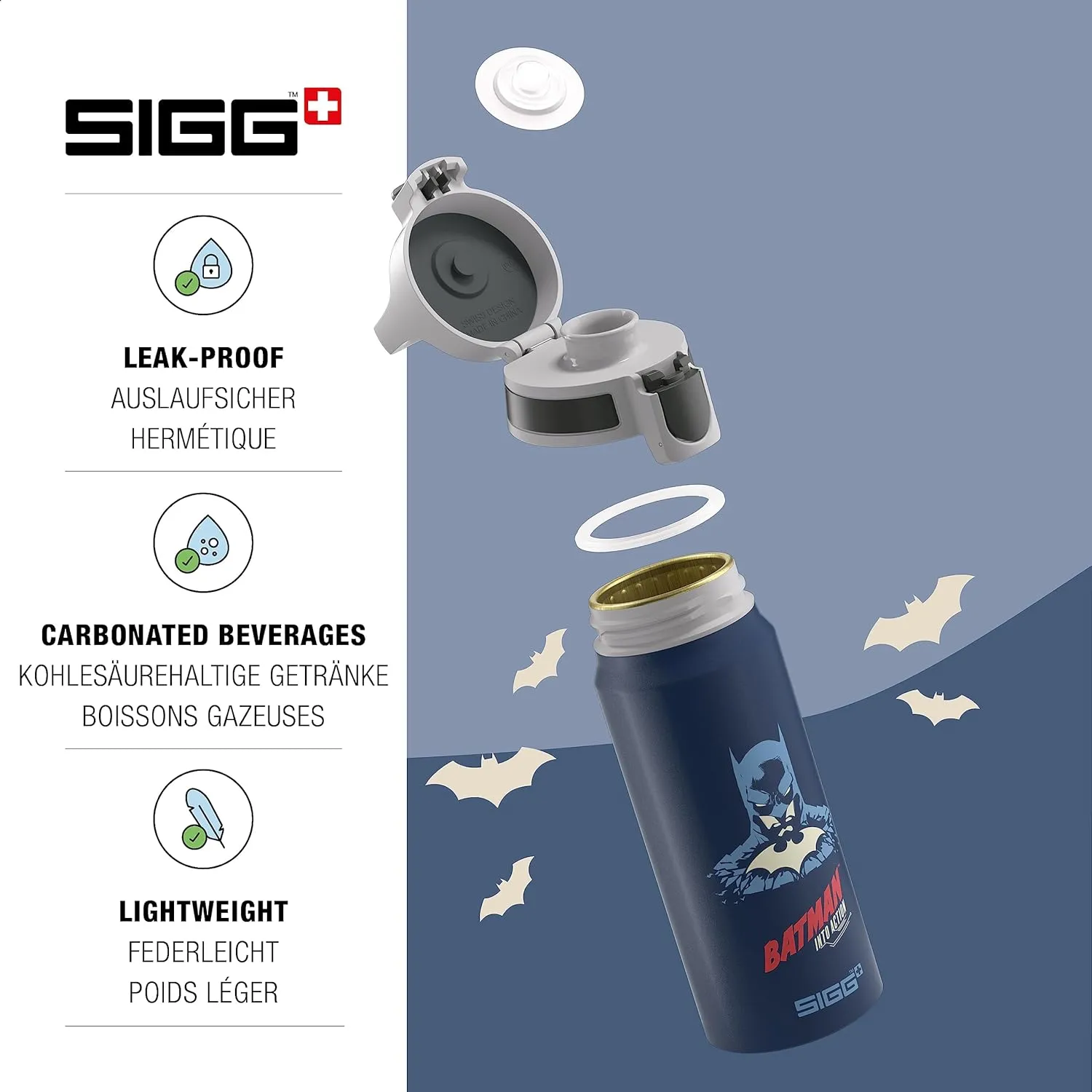 SIGG - Aluminium Water Bottle for Children - WMB One Batman - Suitable for Carbonated Drinks - Leak-Proof - Feather-Light - BPA-Free - ClimatePartner Certified - Sports & School - Blue - 0.6 L