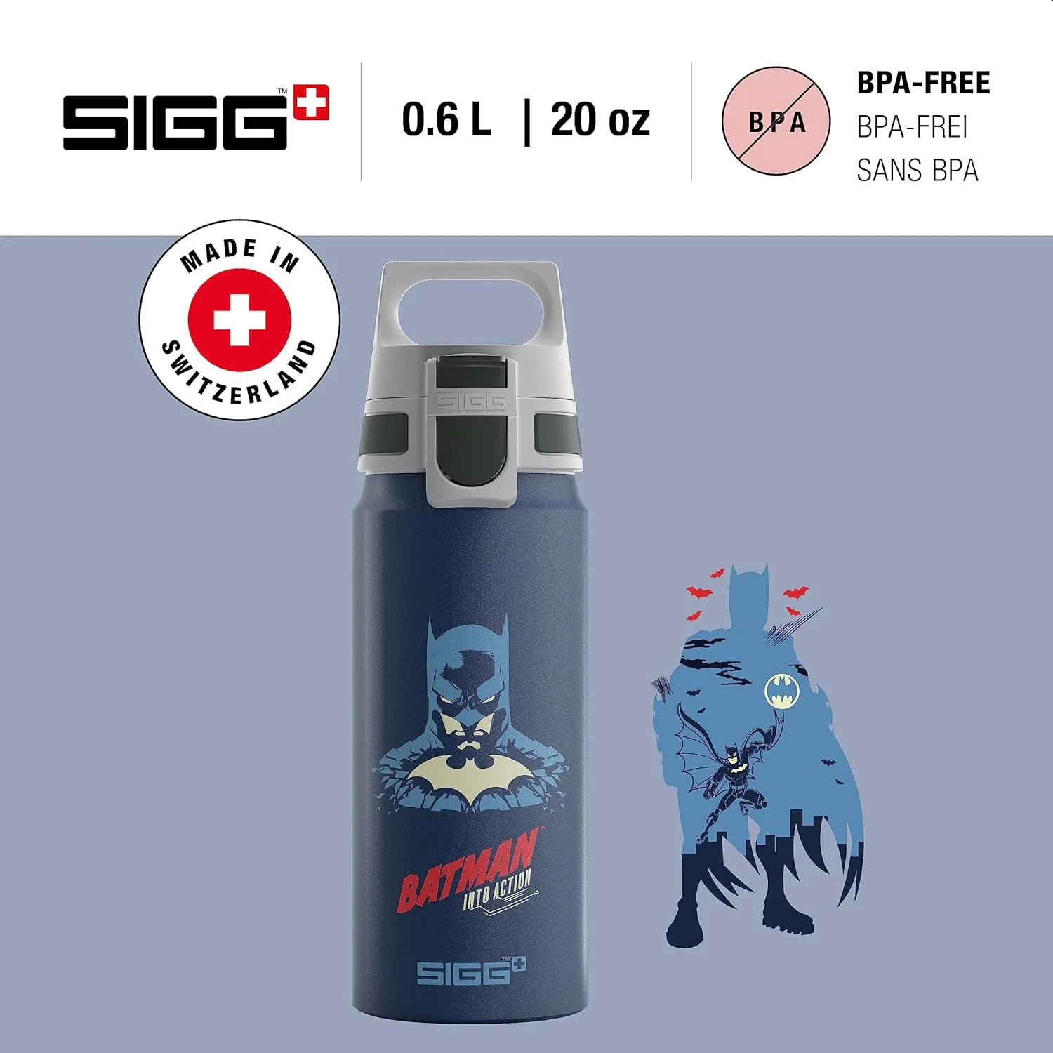 SIGG - Aluminium Water Bottle for Children - WMB One Batman - Suitable for Carbonated Drinks - Leak-Proof - Feather-Light - BPA-Free - ClimatePartner Certified - Sports & School - Blue - 0.6 L