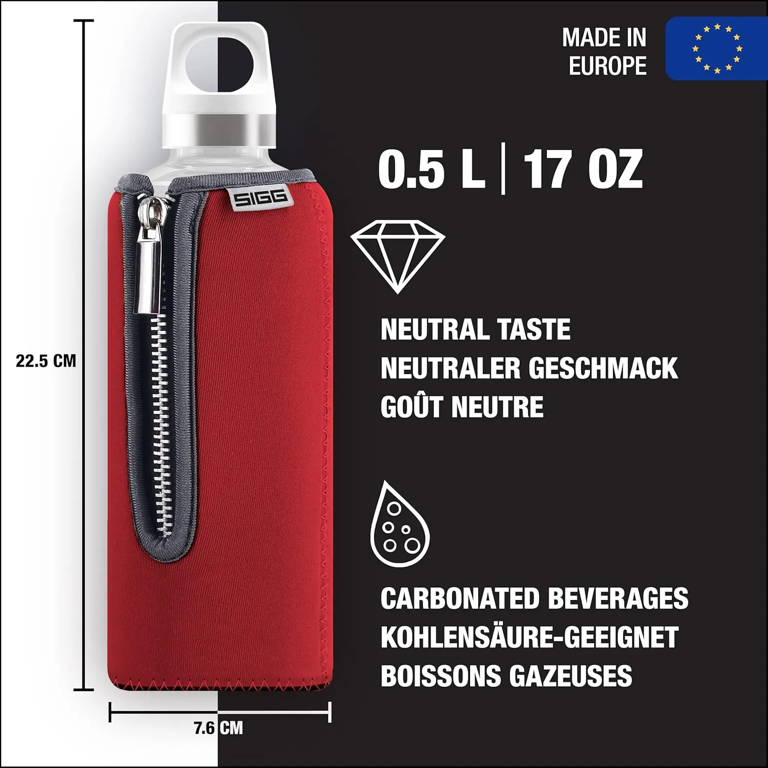SIGG - Glass Water Bottle - Stella Red - With Neoprene Pouch - Leakproof - Dishwasher Safe - BPA Free - Recycled Glass - 17 Oz