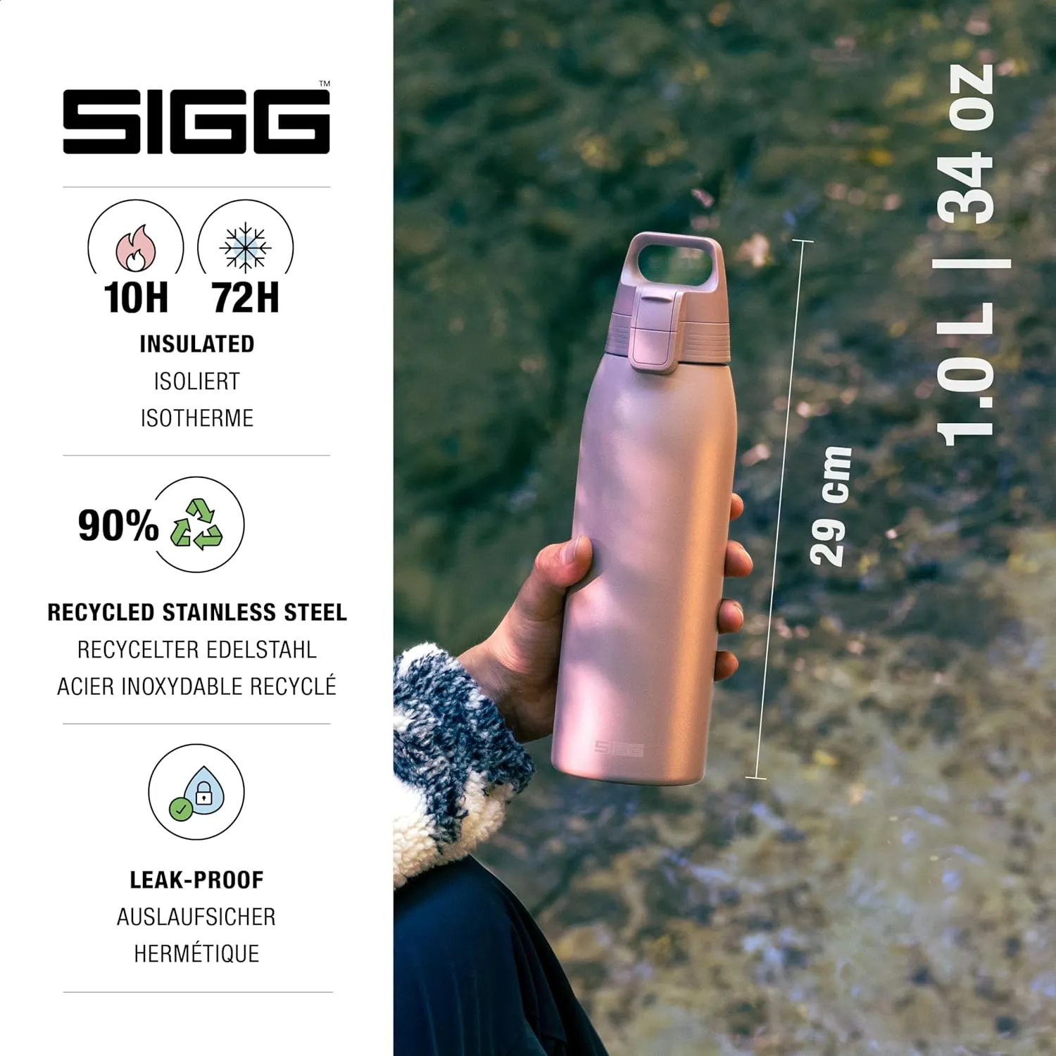 SIGG - Shield Therm- Stainless Steel Insulated Water Bottle - Carbonated Drinks, Leakproof, BPA Free, Recycled, 25, 34Oz