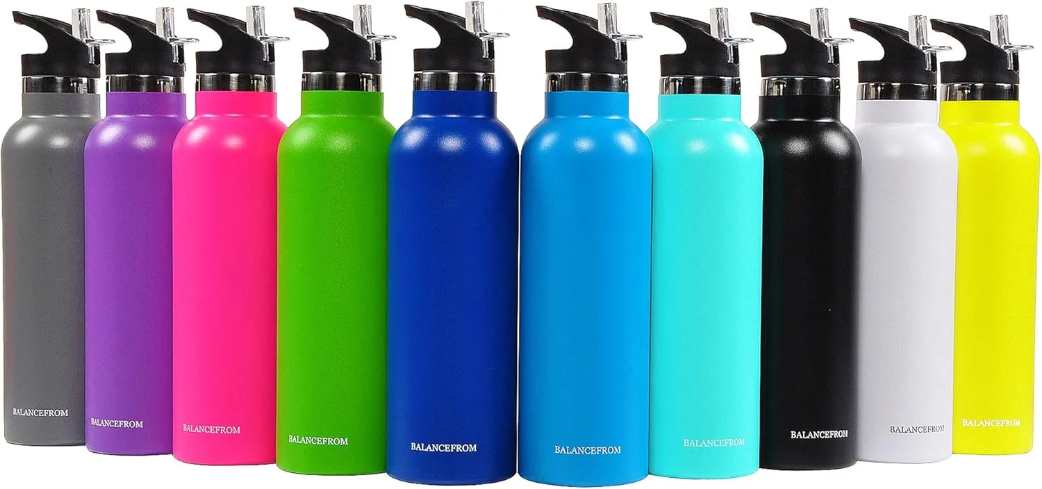 Signature Fitness Double-Wall Vacuum Insulated Stainless Steel Water Bottle, 3 Caps Included, Multiple Colors and Sizes