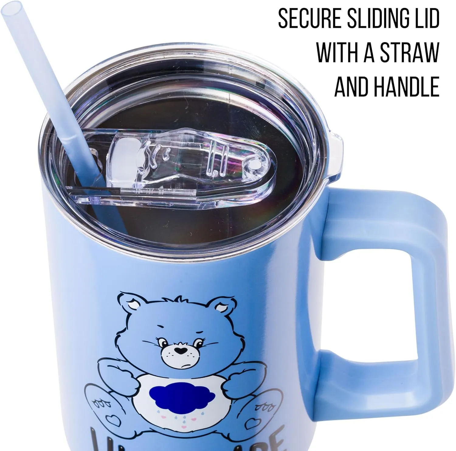 Silver Buffalo Care Bears Grumpy Bear Like I Care Stainless Steel Tumbler with Handle and Straw, Fits in Standard Cup Holder, 40 Ounces