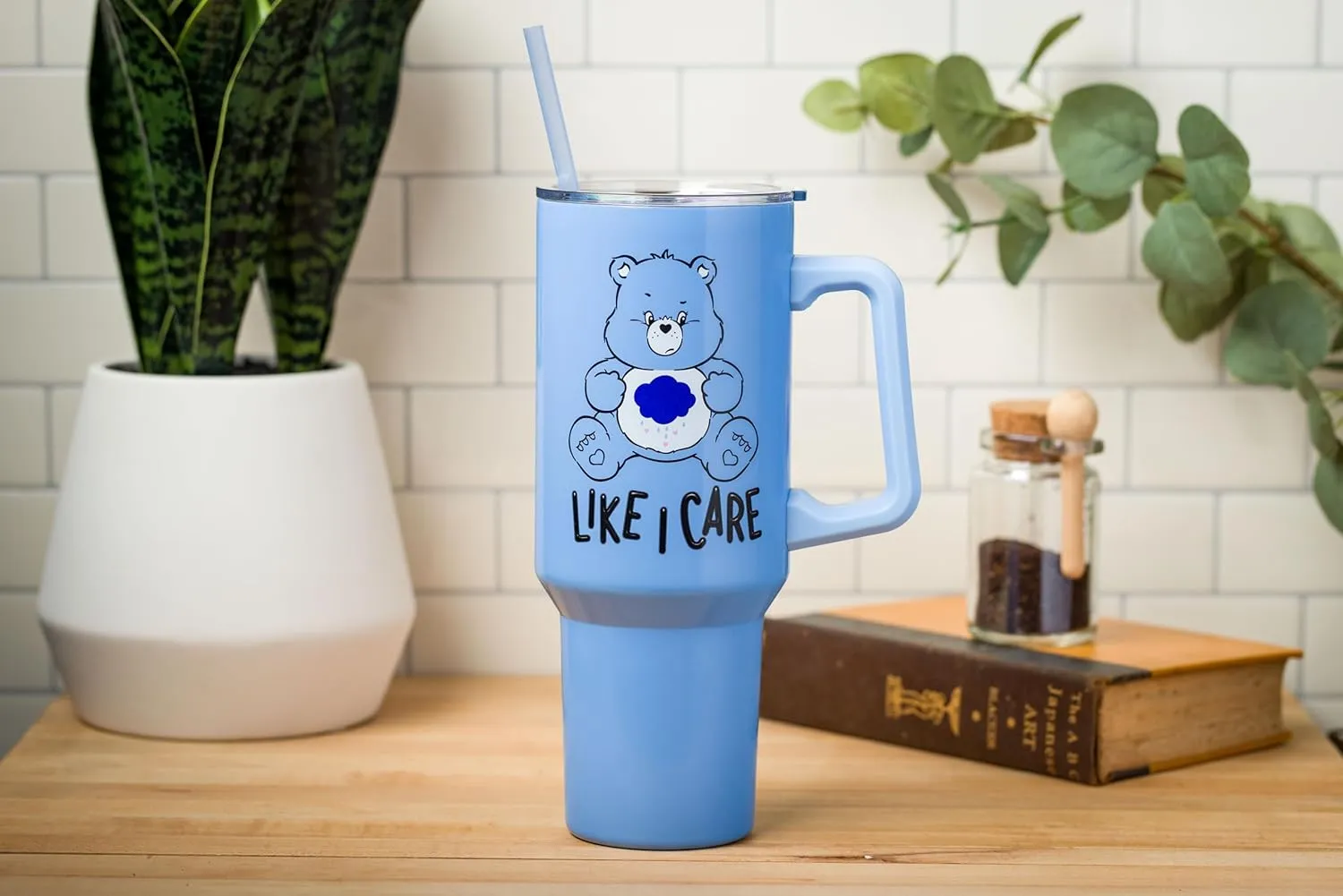 Silver Buffalo Care Bears Grumpy Bear Like I Care Stainless Steel Tumbler with Handle and Straw, Fits in Standard Cup Holder, 40 Ounces