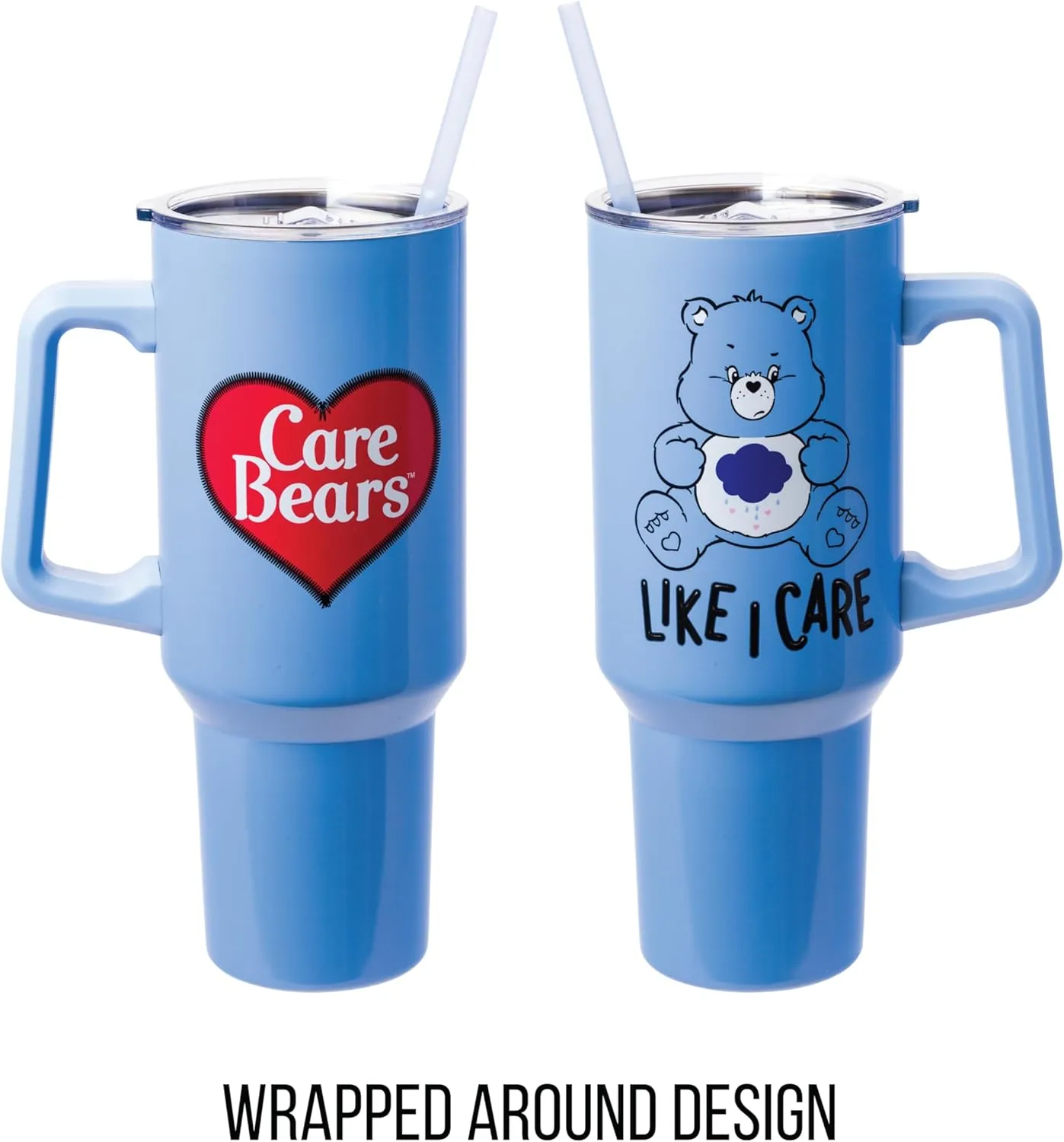 Silver Buffalo Care Bears Grumpy Bear Like I Care Stainless Steel Tumbler with Handle and Straw, Fits in Standard Cup Holder, 40 Ounces