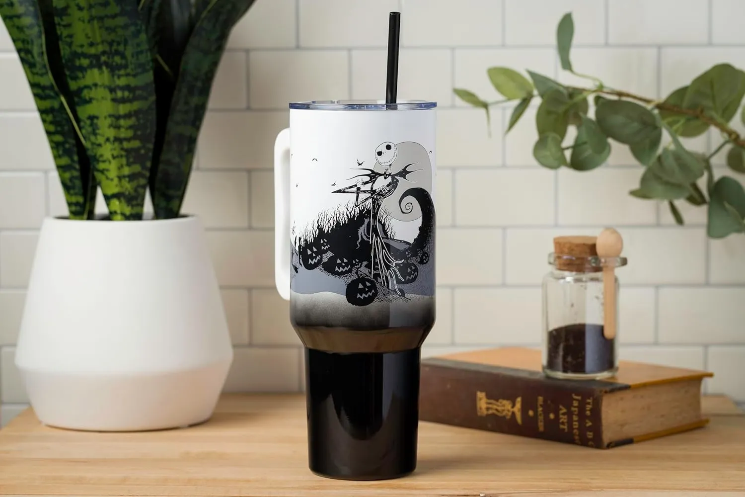 Silver Buffalo Disney Nightmare Before Christmas by Tim Burton Jack Skellington Hill and Moon Stainless Steel Tumbler with Handle and Straw, Fits in Standard Cup Holder, 40 Ounces