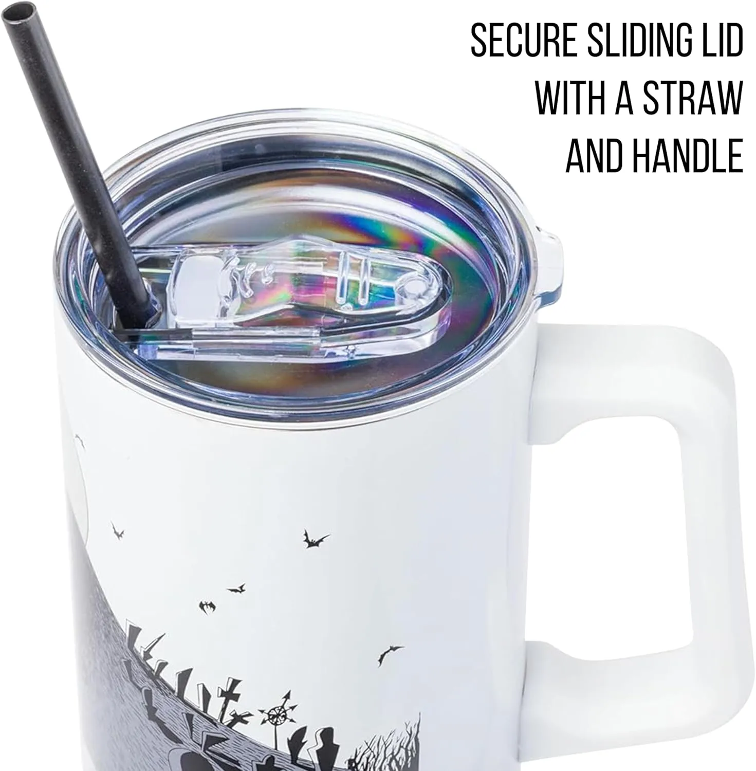 Silver Buffalo Disney Nightmare Before Christmas by Tim Burton Jack Skellington Hill and Moon Stainless Steel Tumbler with Handle and Straw, Fits in Standard Cup Holder, 40 Ounces
