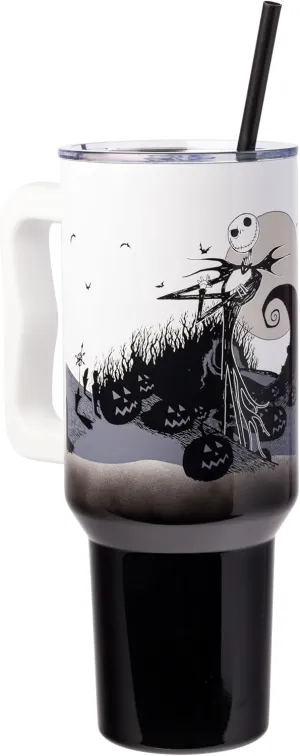 Silver Buffalo Disney Nightmare Before Christmas by Tim Burton Jack Skellington Hill and Moon Stainless Steel Tumbler with Handle and Straw, Fits in Standard Cup Holder, 40 Ounces