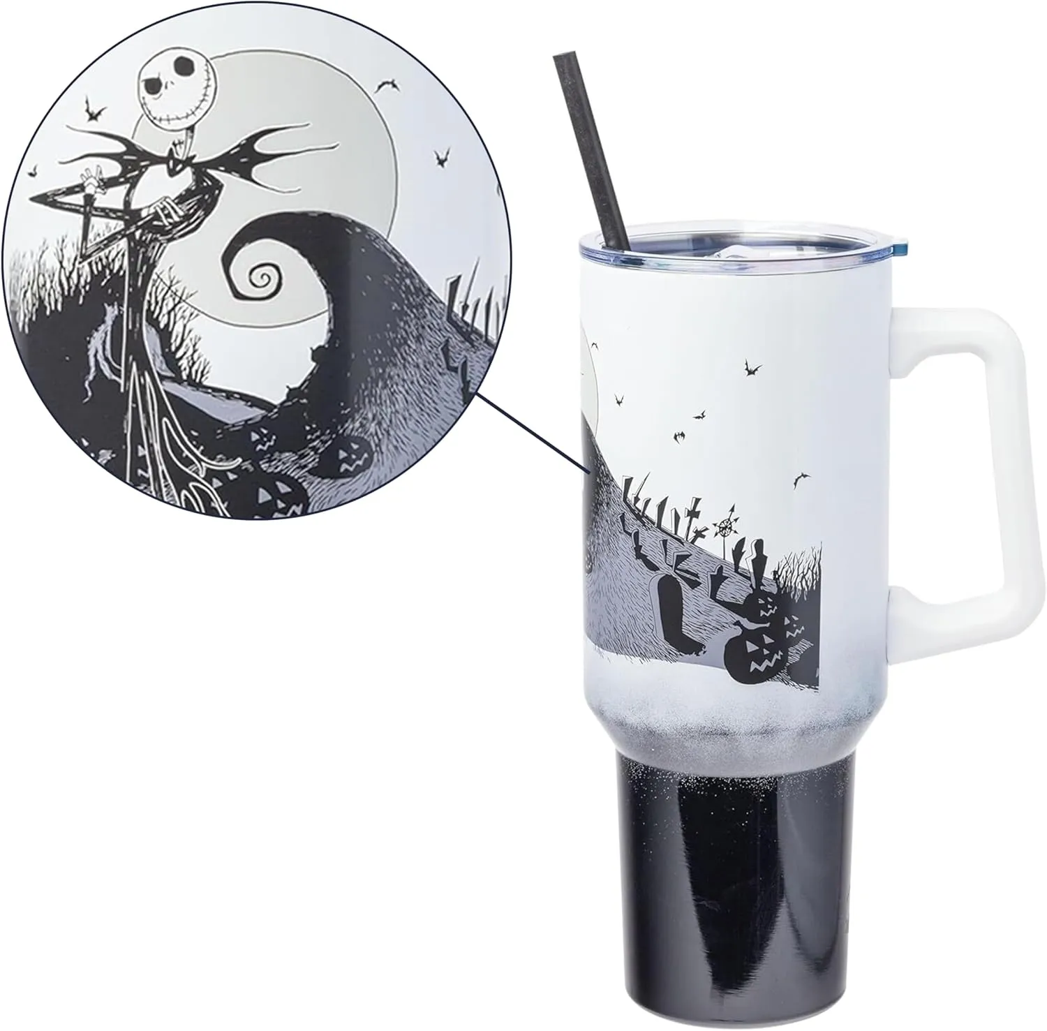 Silver Buffalo Disney Nightmare Before Christmas by Tim Burton Jack Skellington Hill and Moon Stainless Steel Tumbler with Handle and Straw, Fits in Standard Cup Holder, 40 Ounces