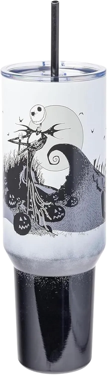 Silver Buffalo Disney Nightmare Before Christmas by Tim Burton Jack Skellington Hill and Moon Stainless Steel Tumbler with Handle and Straw, Fits in Standard Cup Holder, 40 Ounces