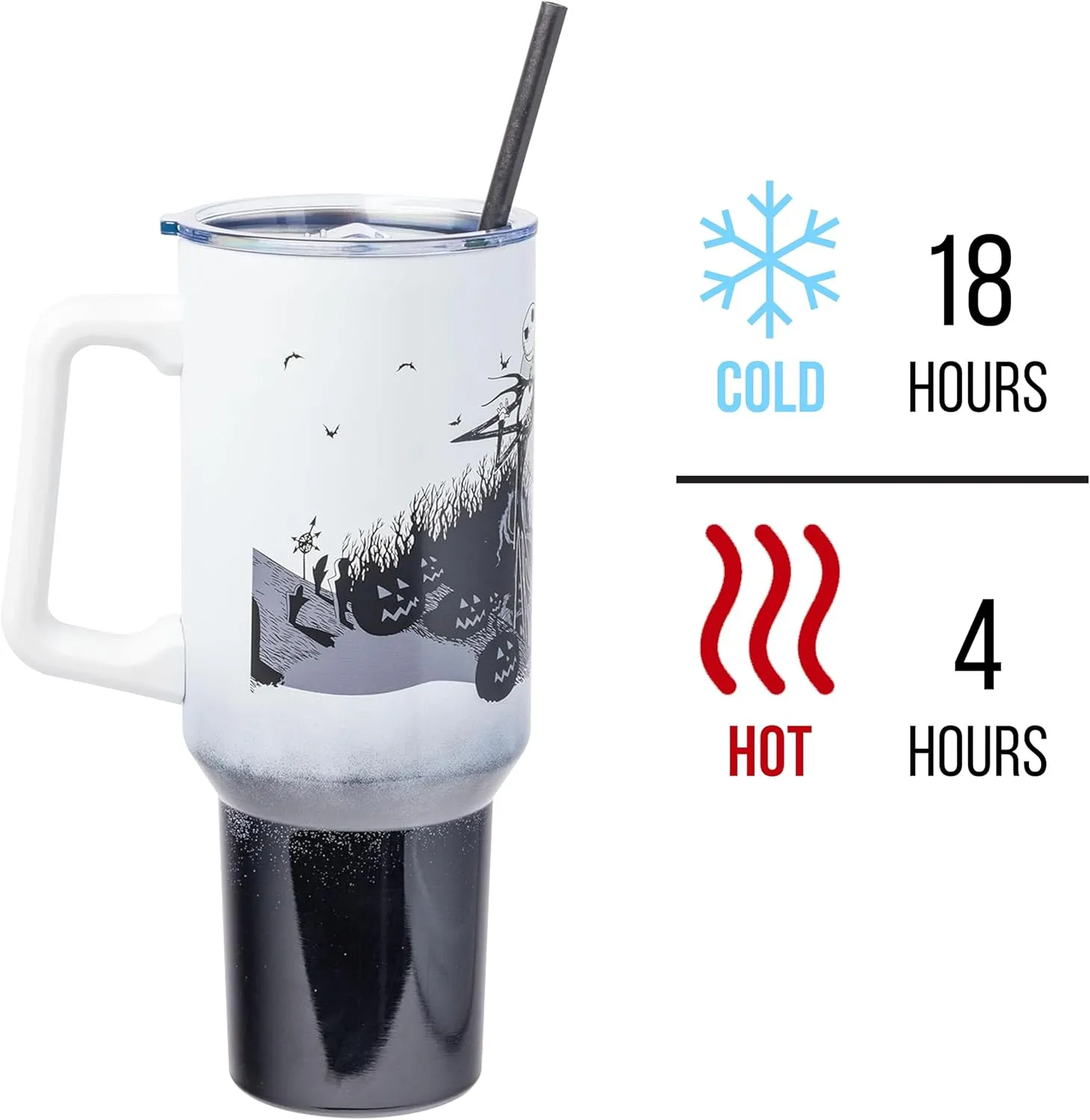 Silver Buffalo Disney Nightmare Before Christmas by Tim Burton Jack Skellington Hill and Moon Stainless Steel Tumbler with Handle and Straw, Fits in Standard Cup Holder, 40 Ounces