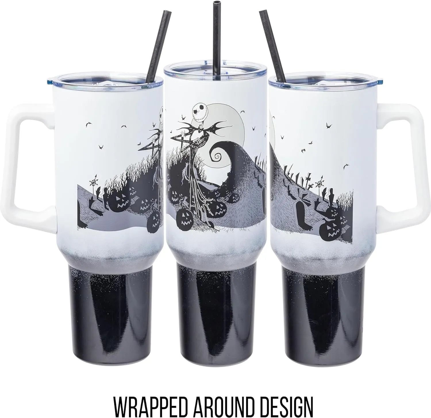 Silver Buffalo Disney Nightmare Before Christmas by Tim Burton Jack Skellington Hill and Moon Stainless Steel Tumbler with Handle and Straw, Fits in Standard Cup Holder, 40 Ounces