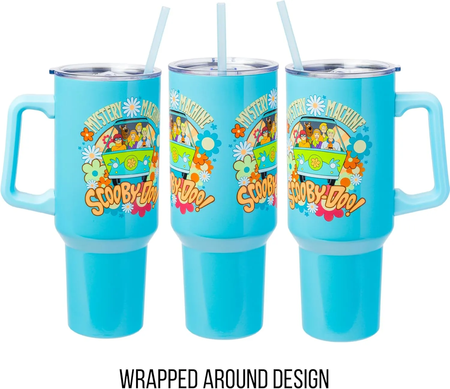 Silver Buffalo Scooby Doo Mystery Machine Featuring Shaggy, Velma, Fred and Daphne Stainless Steel Tumbler with Handle and Straw, Fits in Standard Cup Holder, 40 Ounces