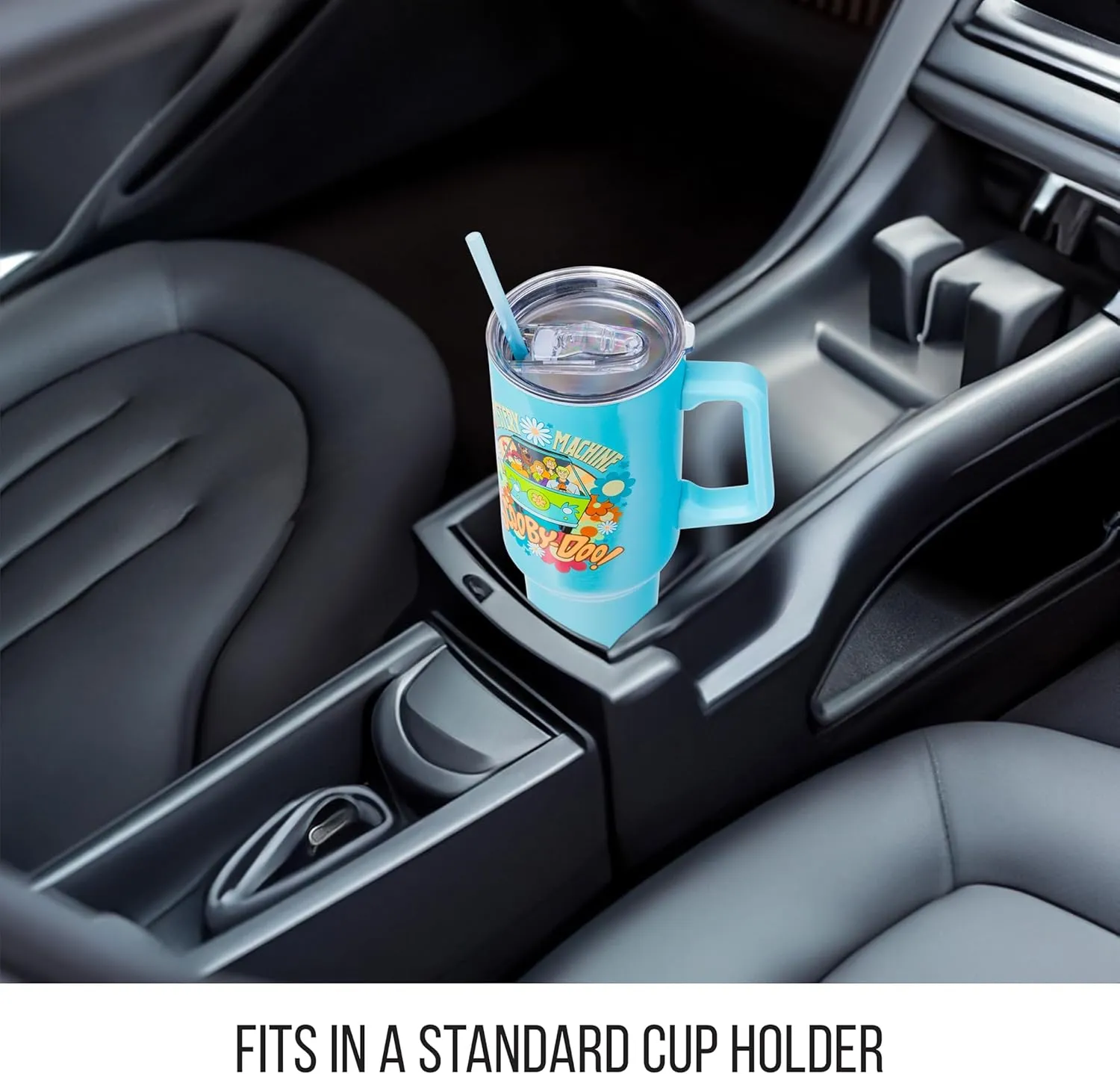 Silver Buffalo Scooby Doo Mystery Machine Featuring Shaggy, Velma, Fred and Daphne Stainless Steel Tumbler with Handle and Straw, Fits in Standard Cup Holder, 40 Ounces