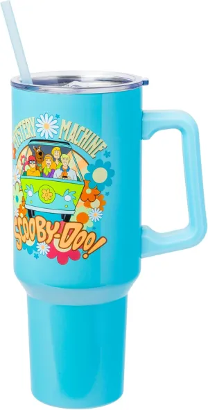 Silver Buffalo Scooby Doo Mystery Machine Featuring Shaggy, Velma, Fred and Daphne Stainless Steel Tumbler with Handle and Straw, Fits in Standard Cup Holder, 40 Ounces