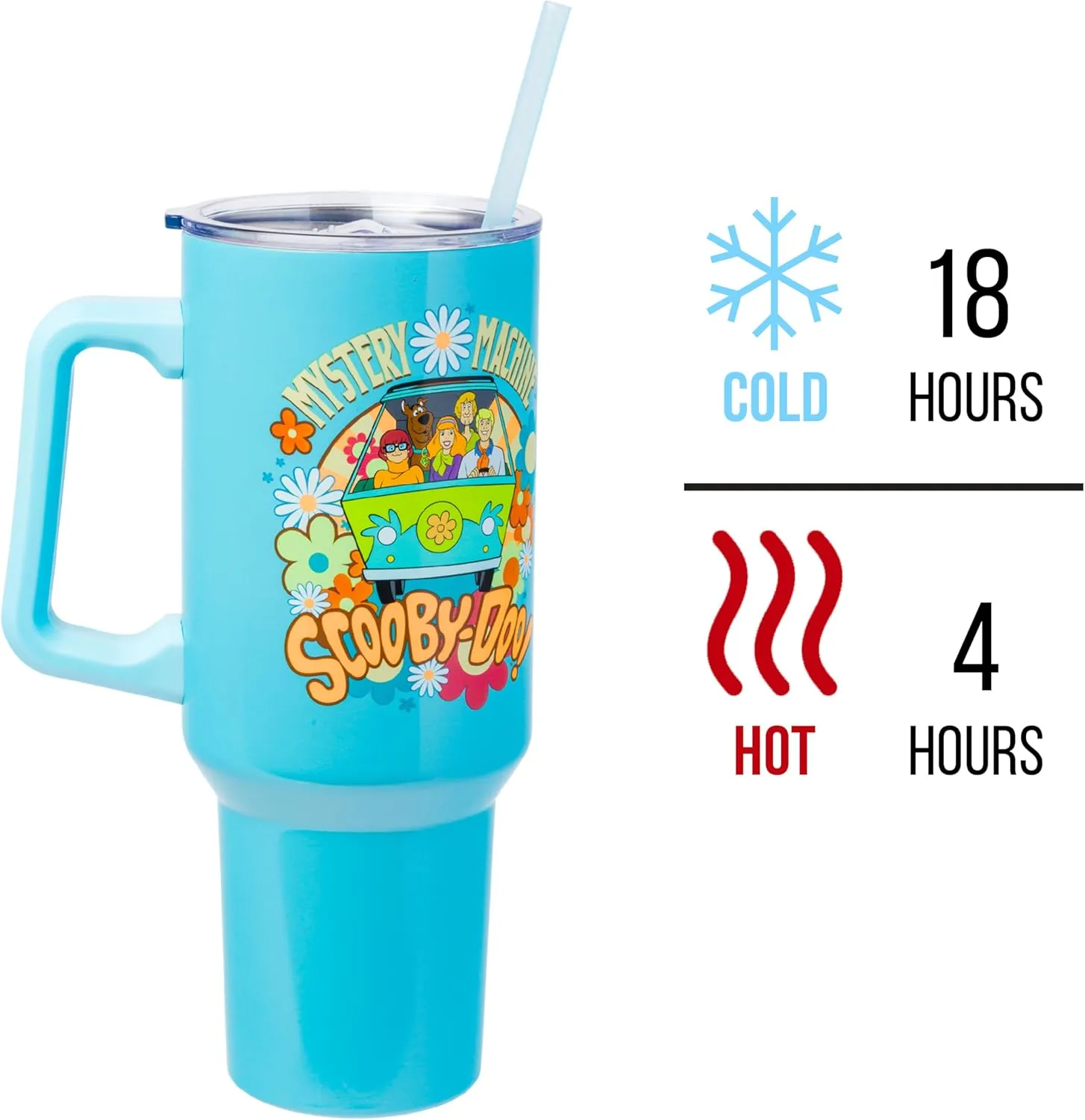 Silver Buffalo Scooby Doo Mystery Machine Featuring Shaggy, Velma, Fred and Daphne Stainless Steel Tumbler with Handle and Straw, Fits in Standard Cup Holder, 40 Ounces