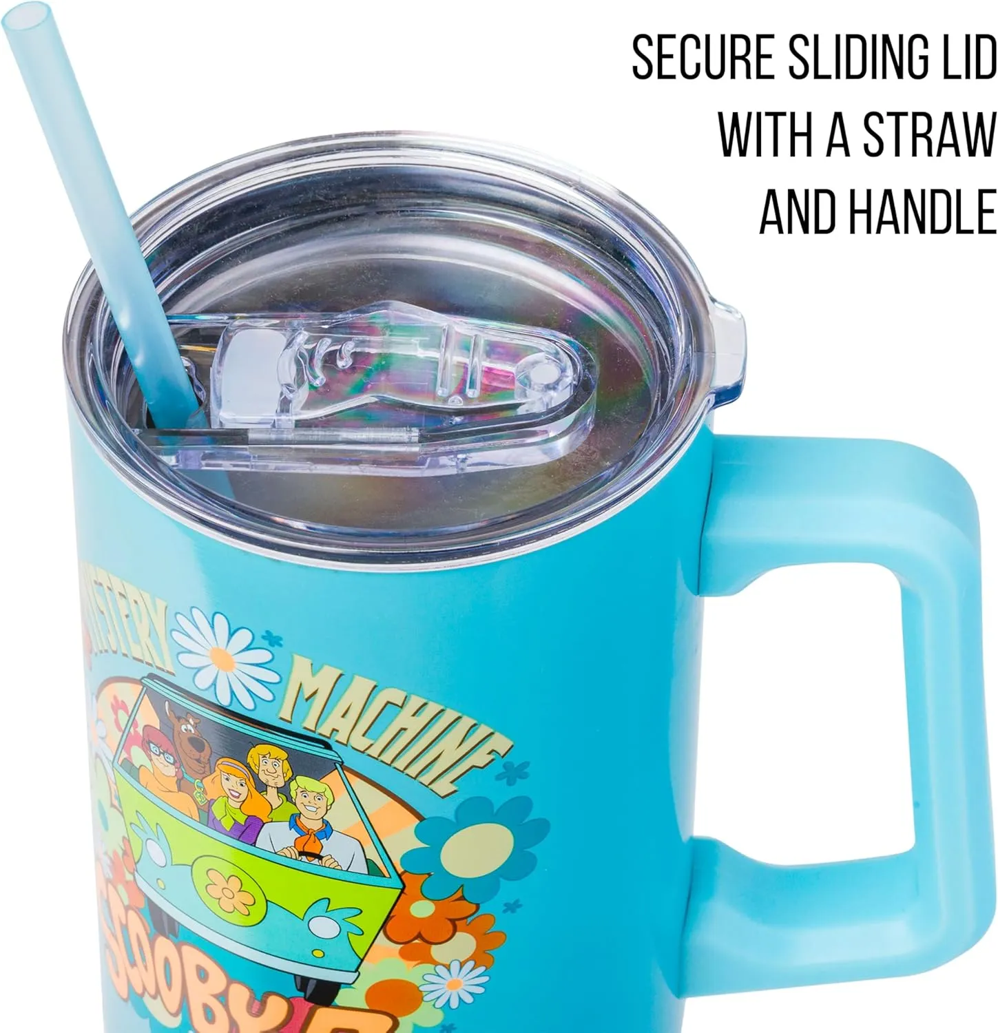 Silver Buffalo Scooby Doo Mystery Machine Featuring Shaggy, Velma, Fred and Daphne Stainless Steel Tumbler with Handle and Straw, Fits in Standard Cup Holder, 40 Ounces