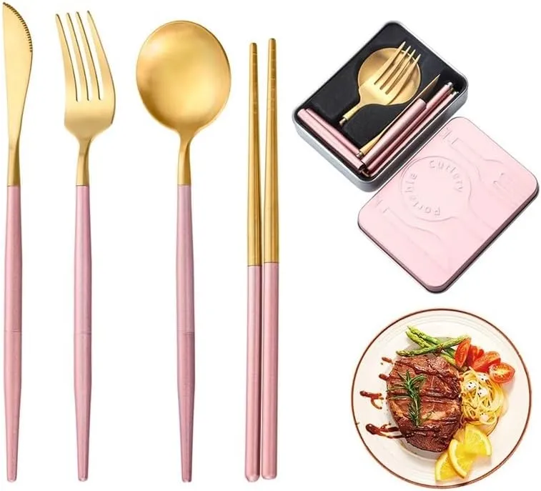 Silverware Flatware Cutlery Set, 4-piece Set Of 304 Stainless Steel Portuguese Detachable Assembled Tableware Travel Foldable Portable Knife, Fork, Spoon And Chopsticks(Black Gold)