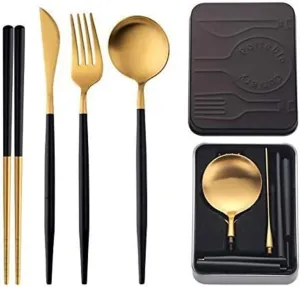 Silverware Flatware Cutlery Set, 4-piece Set Of 304 Stainless Steel Portuguese Detachable Assembled Tableware Travel Foldable Portable Knife, Fork, Spoon And Chopsticks(Black Gold)