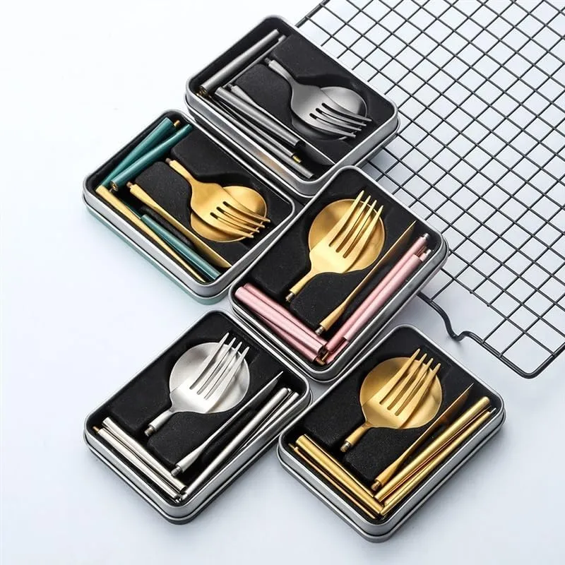 Silverware Flatware Cutlery Set, 4-piece Set Of 304 Stainless Steel Portuguese Detachable Assembled Tableware Travel Foldable Portable Knife, Fork, Spoon And Chopsticks(Black Gold)