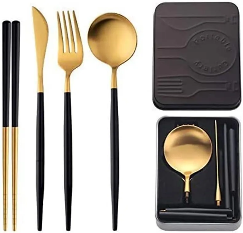 Silverware Flatware Cutlery Set, 4-piece Set Of 304 Stainless Steel Portuguese Detachable Assembled Tableware Travel Foldable Portable Knife, Fork, Spoon And Chopsticks(Black Gold)