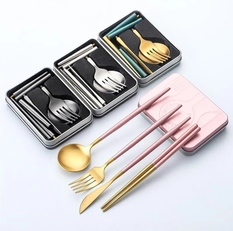 Silverware Flatware Cutlery Set, 4-piece Set Of 304 Stainless Steel Portuguese Detachable Assembled Tableware Travel Foldable Portable Knife, Fork, Spoon And Chopsticks(Black Gold)