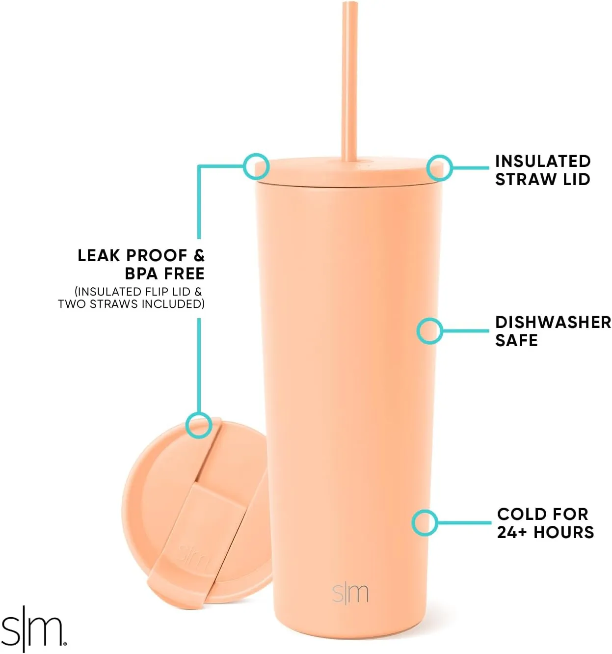 Simple Modern Insulated Tumbler with Lid and Straw | Iced Coffee Cup Reusable Stainless Steel Water Bottle Travel Mug | Gifts for Women Men Her Him | Classic Collection | 24oz | Bellini