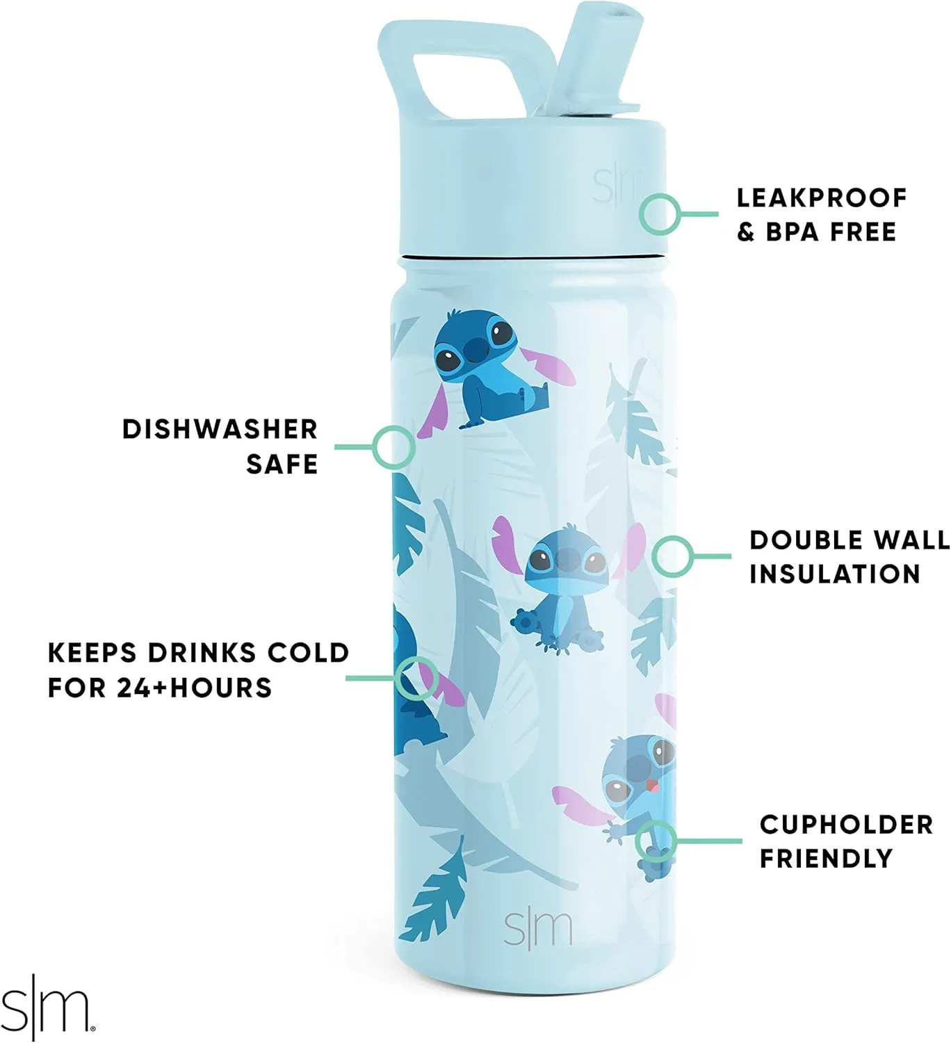 Simple Modern Kids Summit Water Bottle with Straw Lid | Disney Stitch 18oz Stainless Steel Cup Insulated Tumbler for Girls, Boys, School | Tropical Stitch