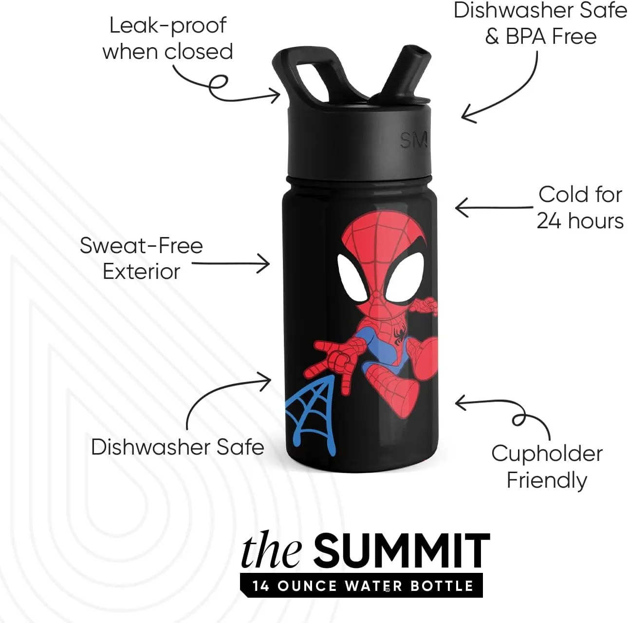 Simple Modern Kids Summit Water Bottle with Straw Lid | Marvel Spider Man 14oz Stainless Steel Cup Insulated Tumbler for Toddlers, Boys, School | Spidey Kid